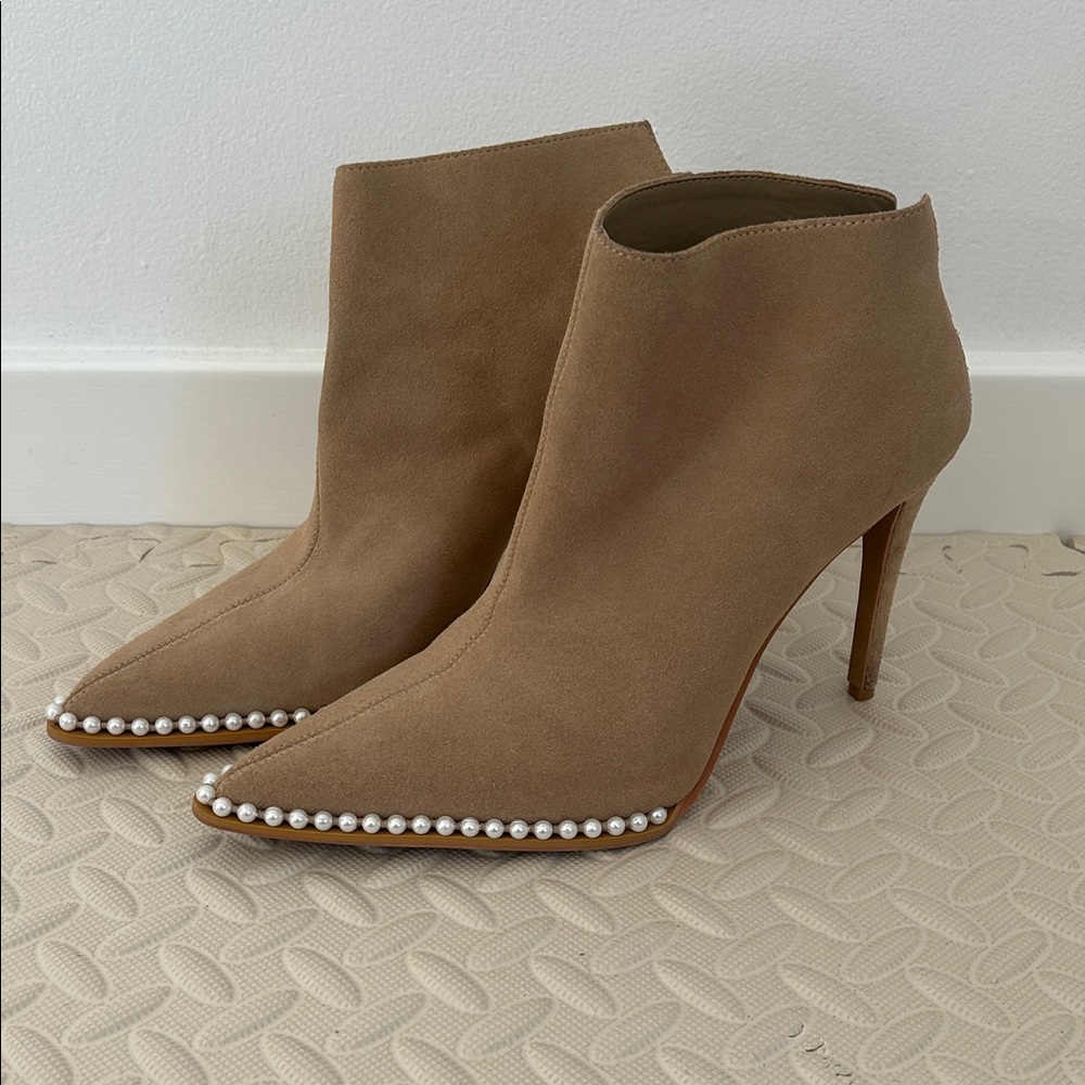Karl Lagerfeld Tan Heeled Boots with Pearl Accents